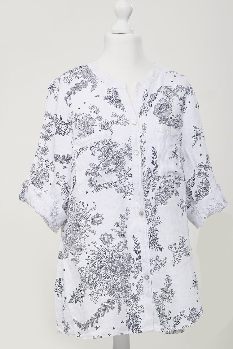 Fine Oriental Flower Pattern Linen Shirt - Image 2