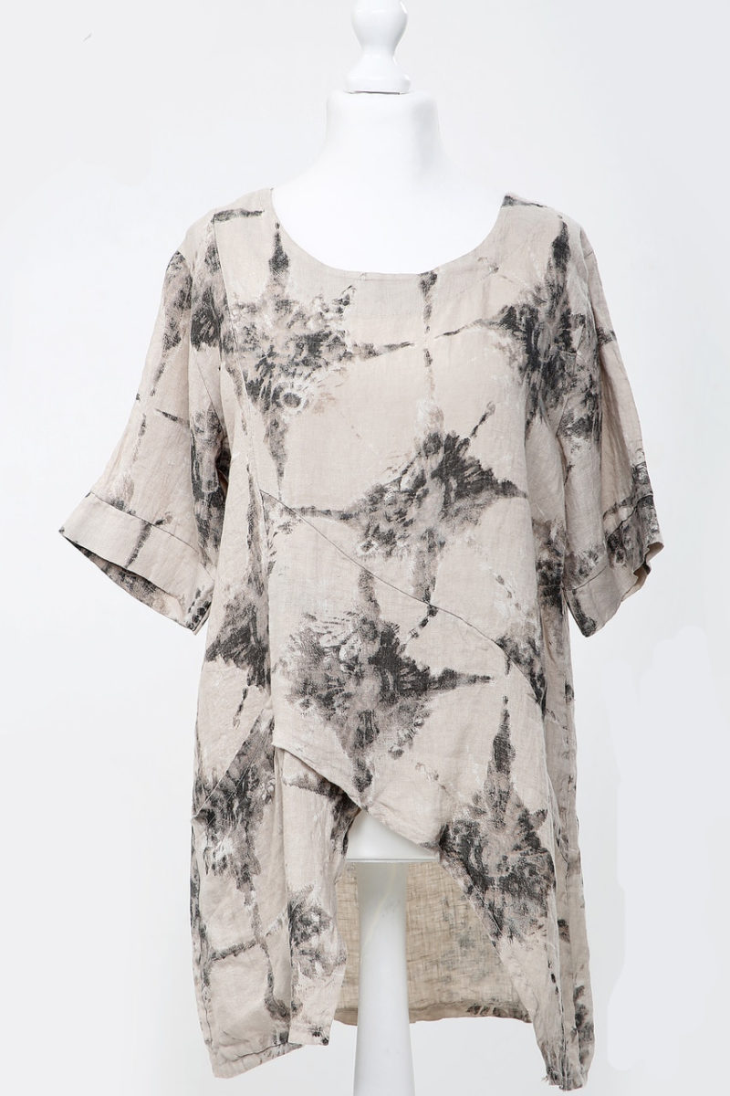 Ladies Galaxy Print Front Cut Linen Top Stone