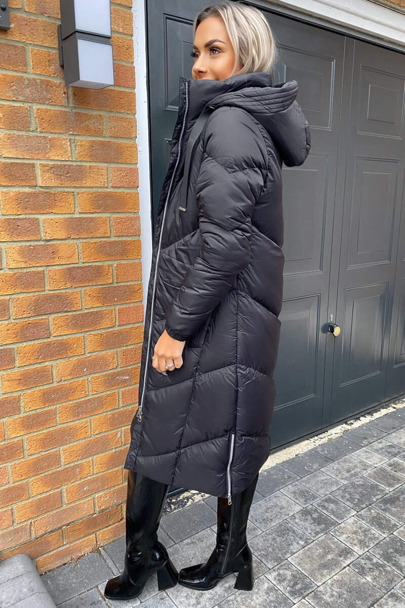 Black Long Line Puffer Coat - AX Paris