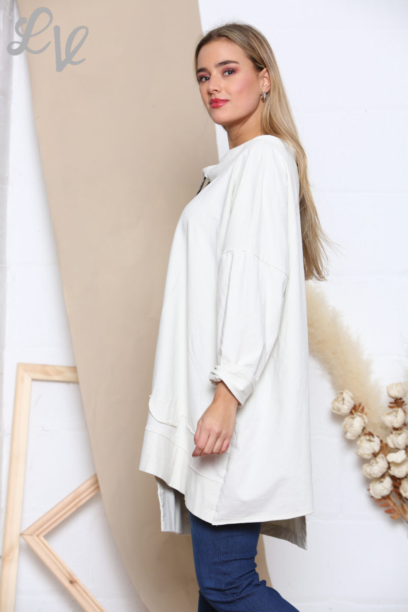 Drawstring Neckline Sweatshirt Top- White - Image 2