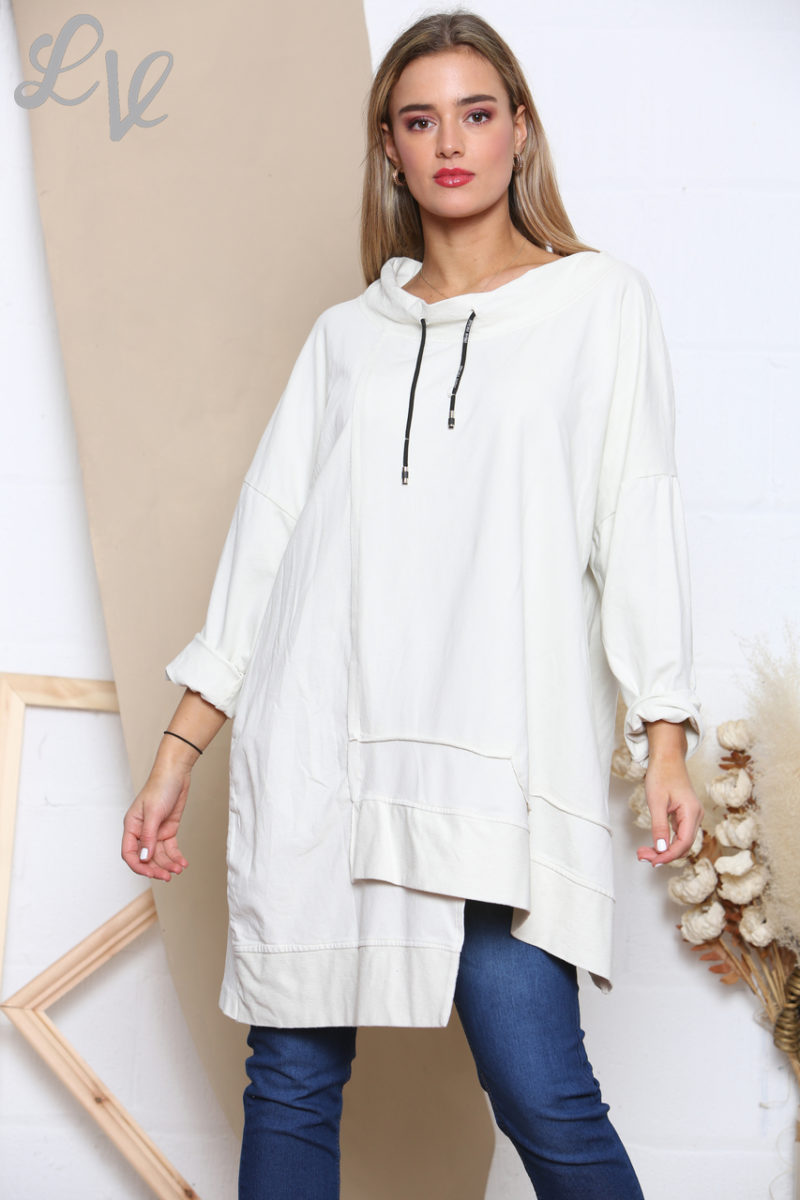 Drawstring Neckline Sweatshirt Top- White