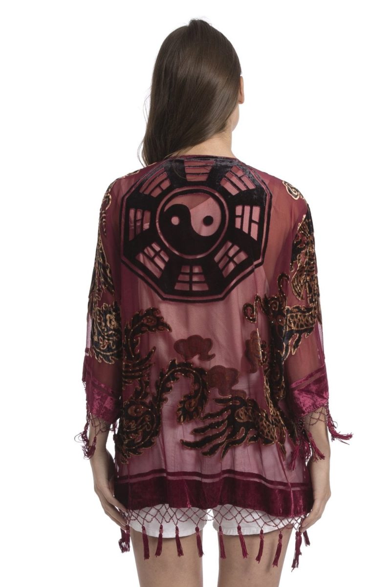 JAYLEY Red Pure Silk Devore Kimono Jacket-Yin&Yang