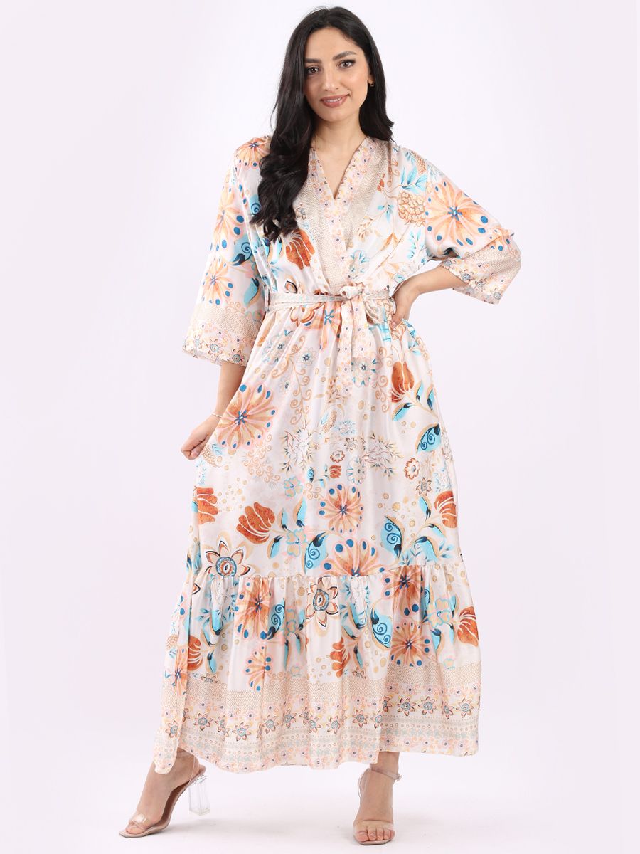 Floral Print Flared Hem Bohemian Summer Maxi Dress Cream