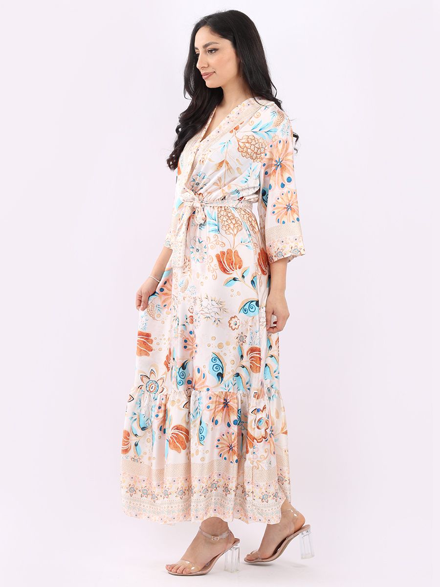 Floral Print Flared Hem Bohemian Summer Maxi Dress - Cream - Image 3