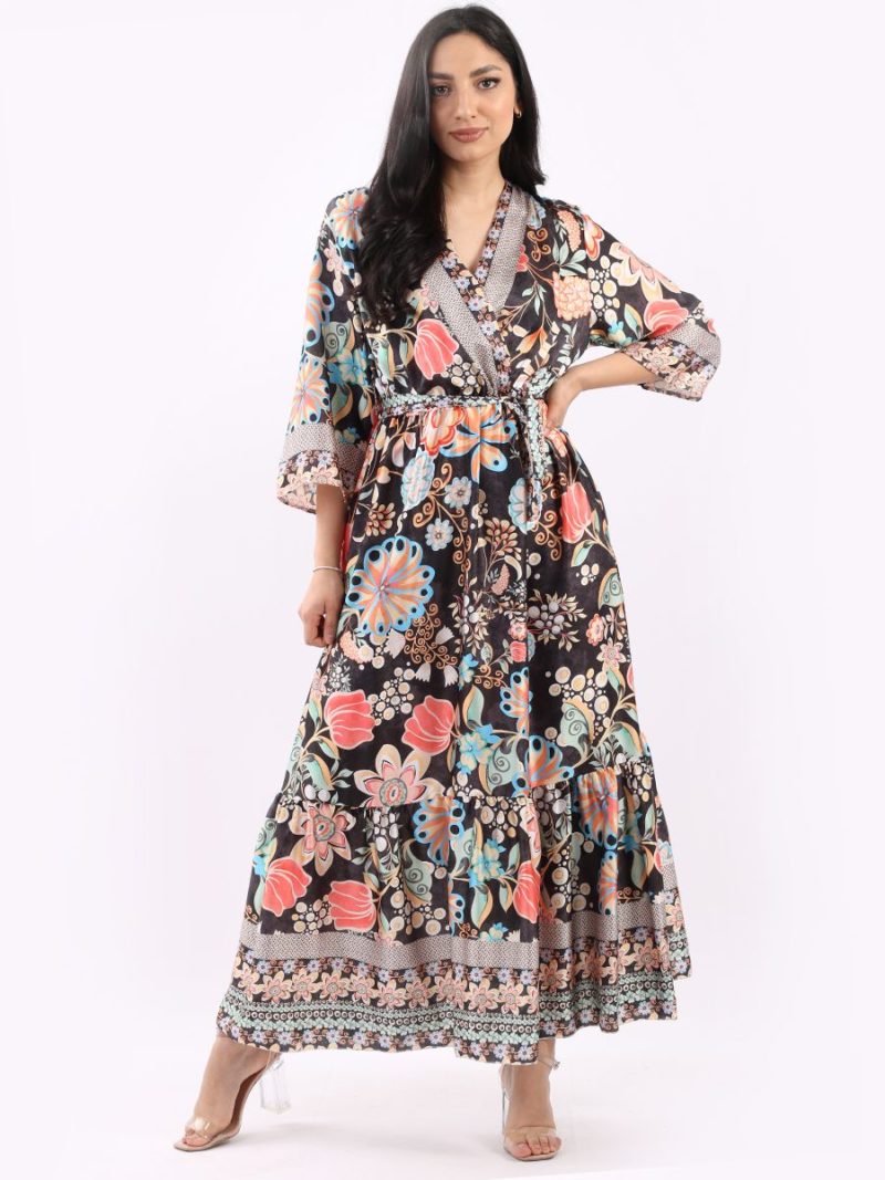 Floral Print Flared Hem Bohemian Summer Maxi Dress - Black