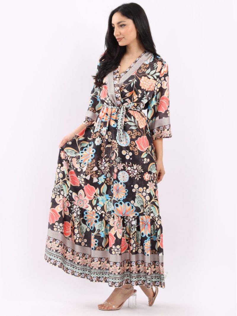 Floral Print Flared Hem Bohemian Summer Maxi Dress - Black - Image 3