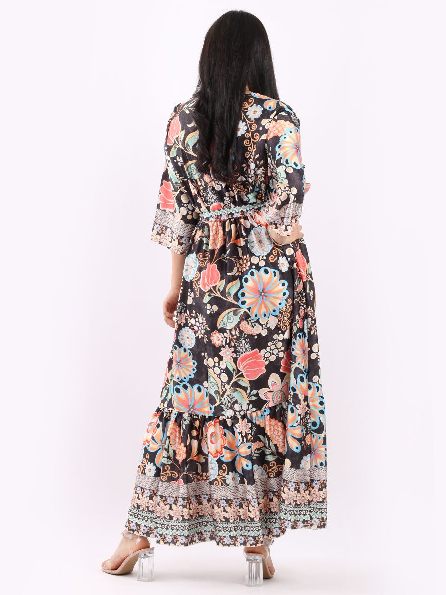 Floral Print Flared Hem Bohemian Summer Maxi Dress - Black - Image 2