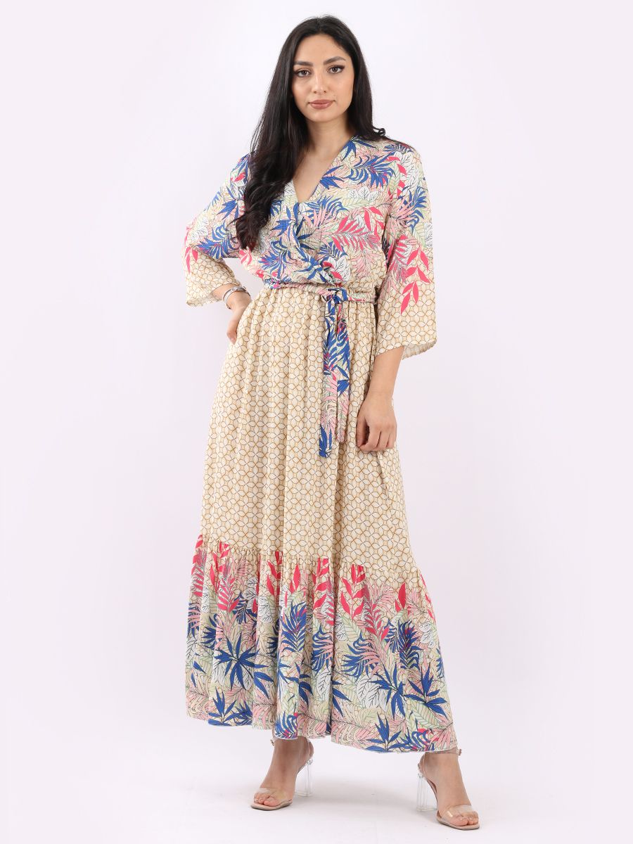 Boho Summer Maxi Dress Leaf Design CreamPink Seagrass