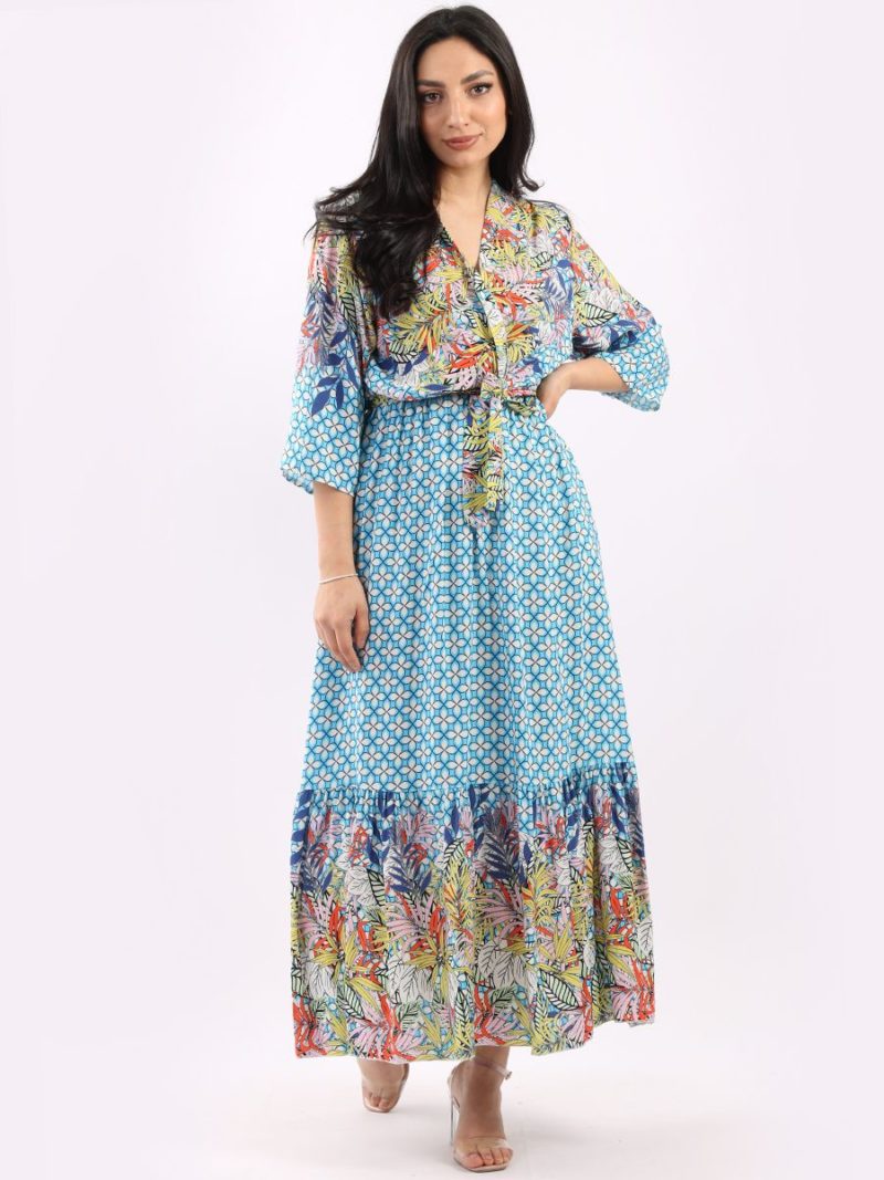 Boho Summer Maxi Dress - Leaf Design - BlueCream