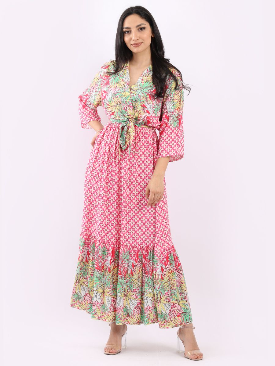 Boho Summer Maxi Dress - Leaf Design - Pink - Image 3