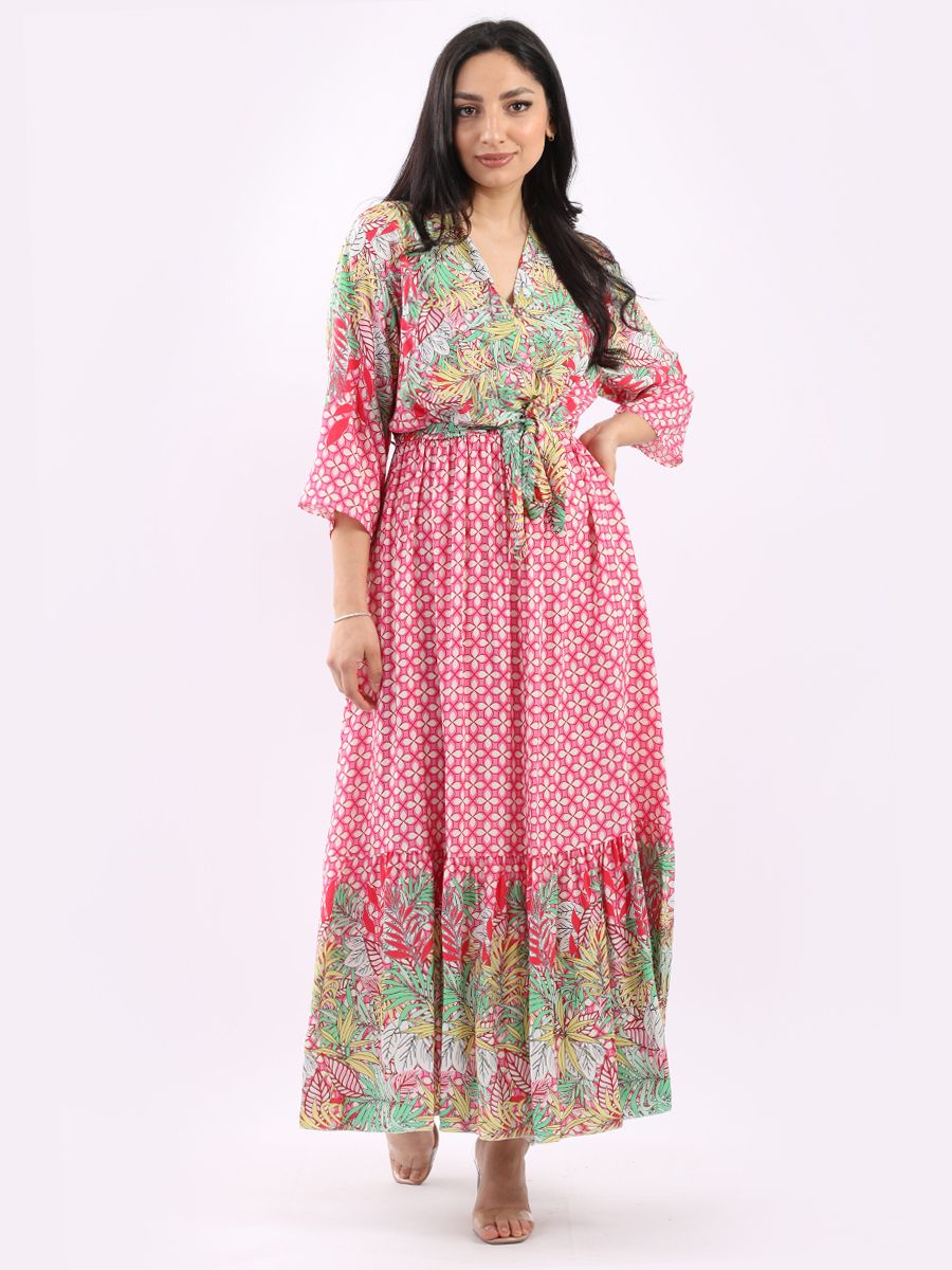 Boho Summer Maxi Dress - Leaf Design - Pink