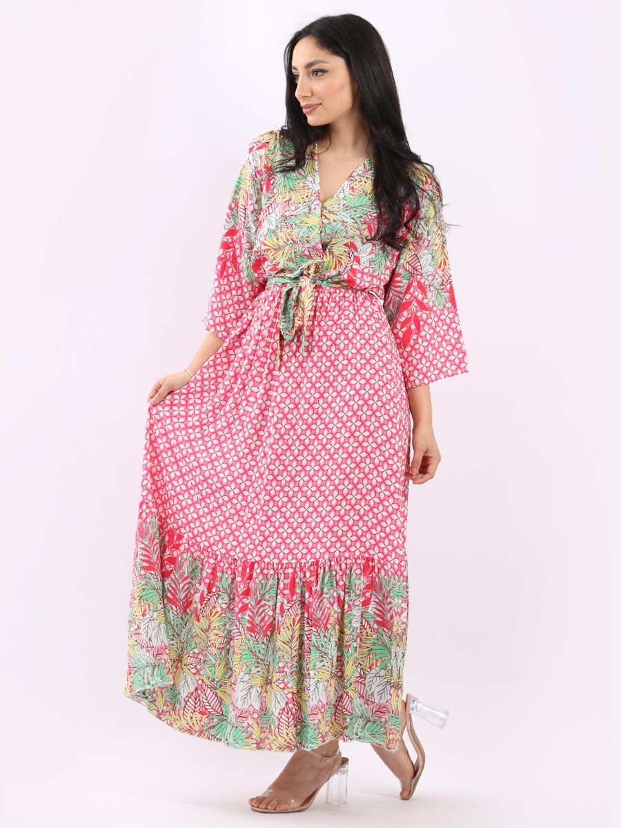 Boho Summer Maxi Dress - Leaf Design - Pink - Image 4