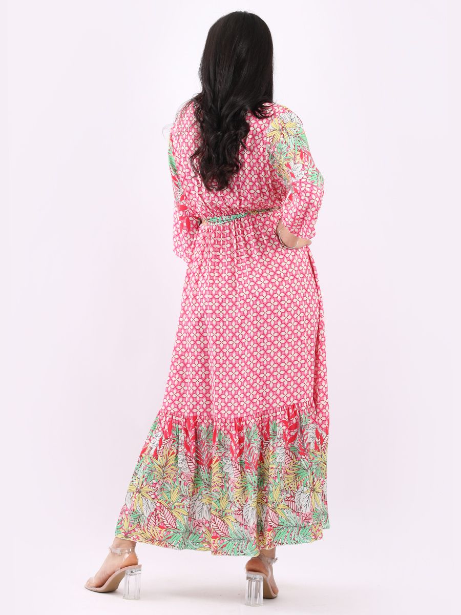 Boho Summer Maxi Dress - Leaf Design - Pink - Image 2